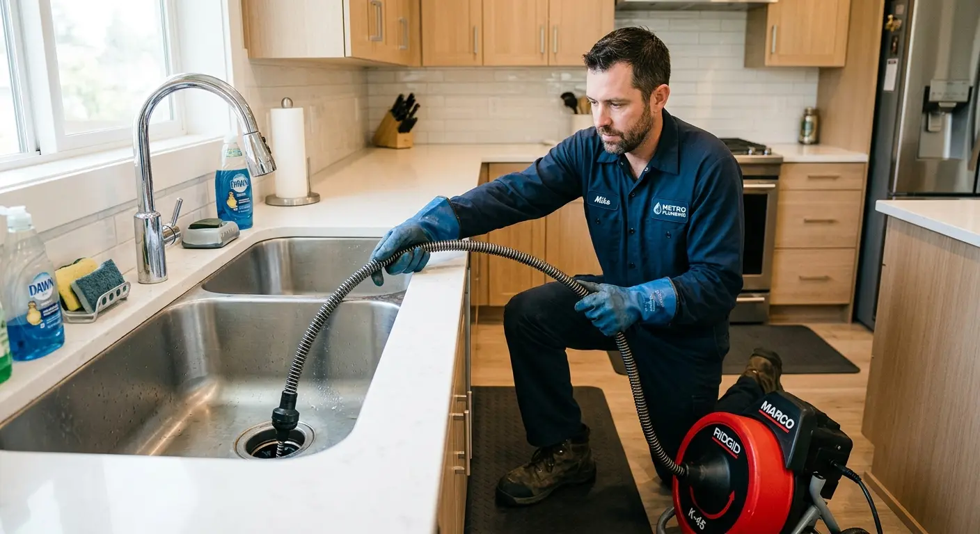 Drain cleaning technician using a motorized snake on a kitchen sink in Waupaca