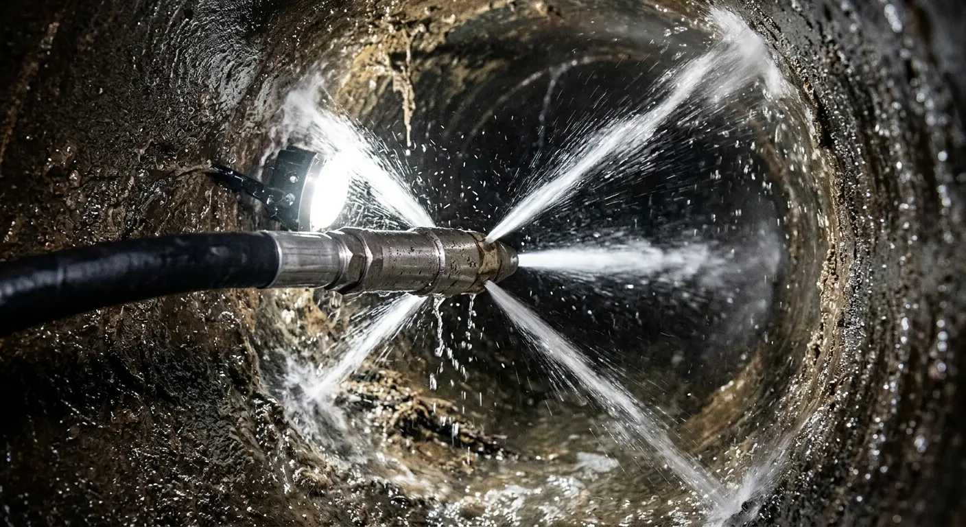 High-pressure hydro jetting nozzle cleaning sewer pipe for Emergency Drain Service in Waupaca