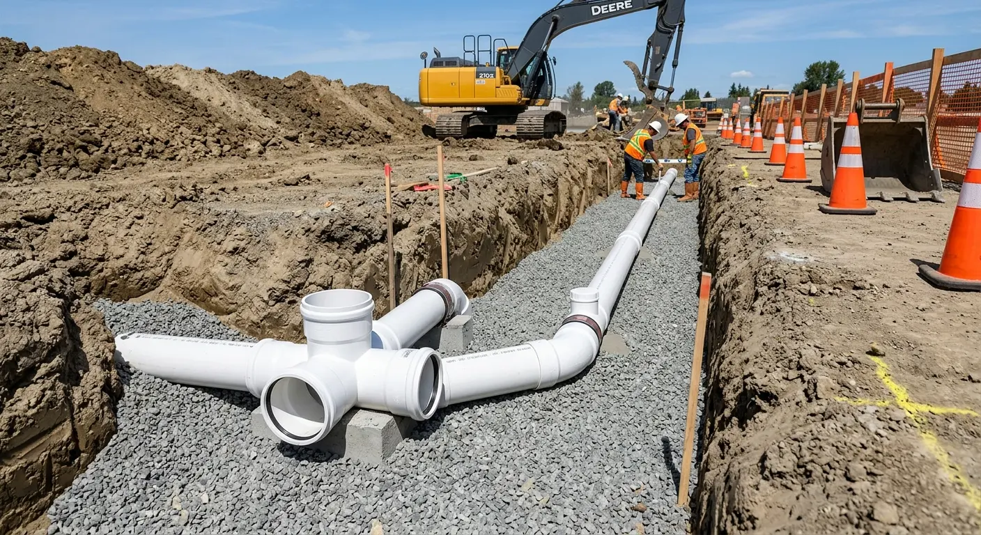 New PVC sewer pipe installation in open trench for Commercial Drain Cleaning in Waupaca