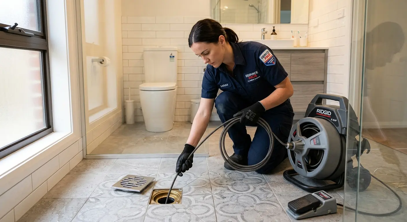 Technician clearing a bathroom floor drain for Drain Cleaning in Waupaca